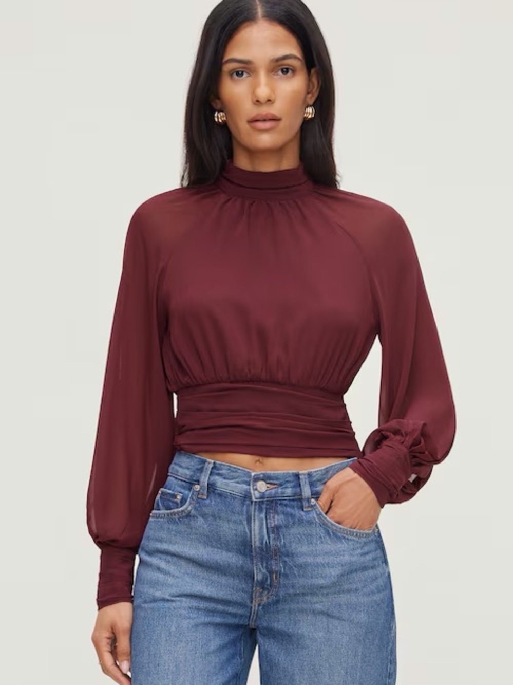 DYNAMITE Mock Neck Ruched Waist Blouse in Burgundy